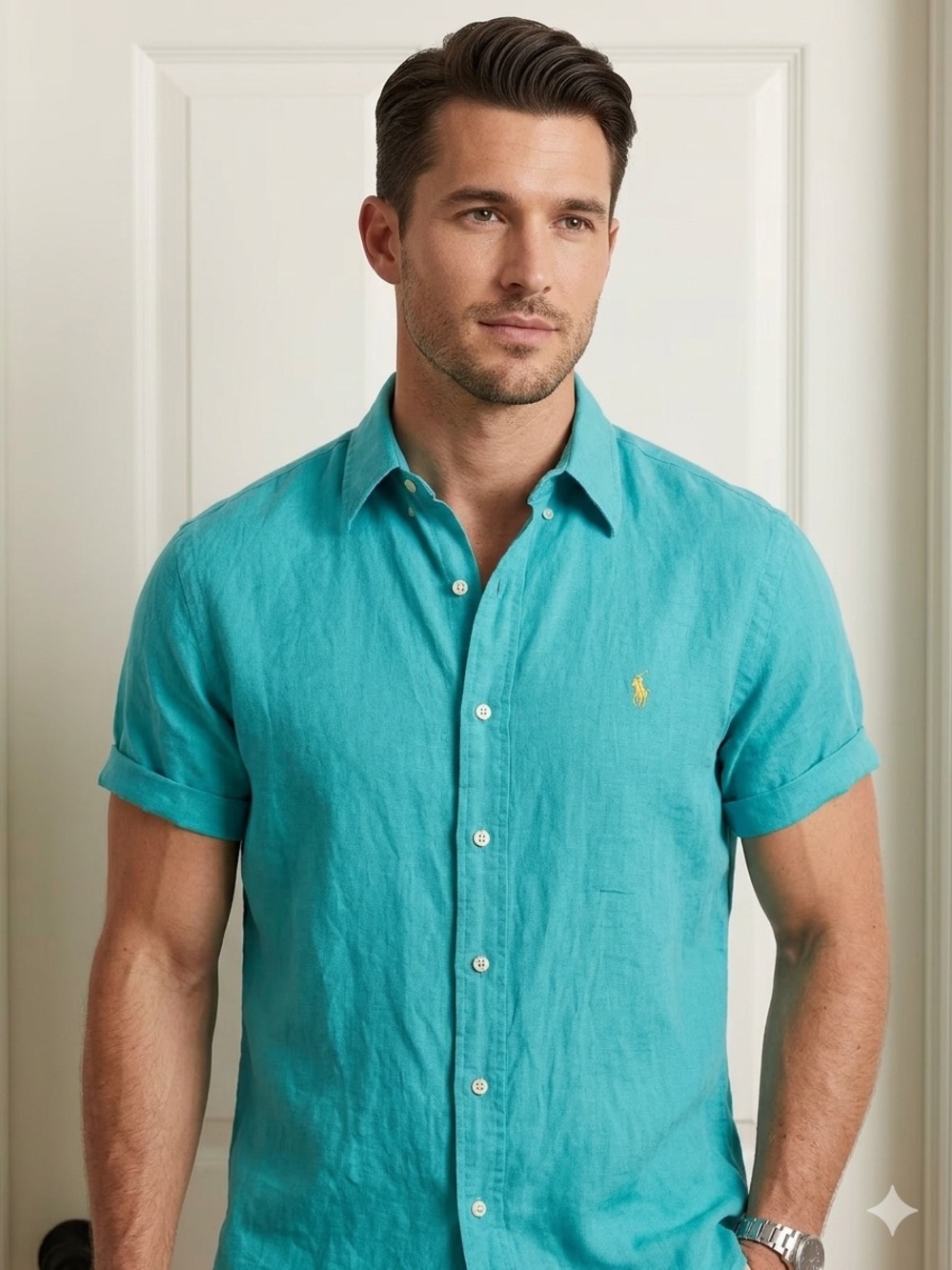 Ralph Lauren Vintage Men’s Teal Silk Linen Blend Button-Down Shirt Classic Fit